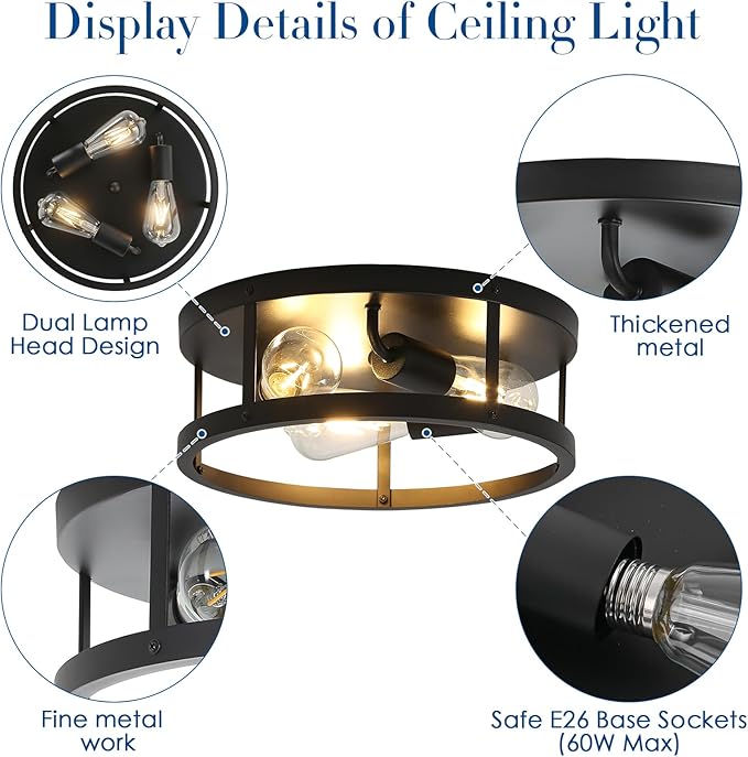 Black Flush Mount Ceiling Light Fixtures,3-Light Modern Hallway Light Fixtures Ceiling, 13 inch Black Light Fixture Ceiling Mount for Farmhouse,Kitchen, Bedroom 2 Pack