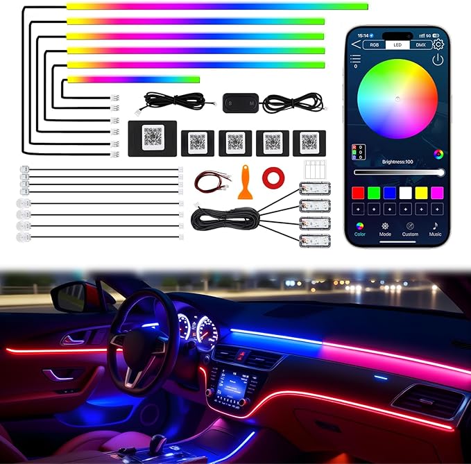 Dreamcolor Acrylic Interior Car LED Strip Lights, 18 in 1 Ambient Lighting Kit with Wireless APP, Dynamic Chasing Music Sync Fiber Optic Lights with DIY Mode, Car Inside Lighting Accessories