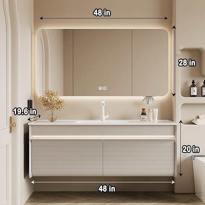 48IN Floating Bathroom Vanity - Modern Freestanding Bathroom Vanity Set with Ambient Light Intelligent Mirror Cabinet & Large Capacity Storage | Bathroom Sink Cabinet with Intelligent Defogging