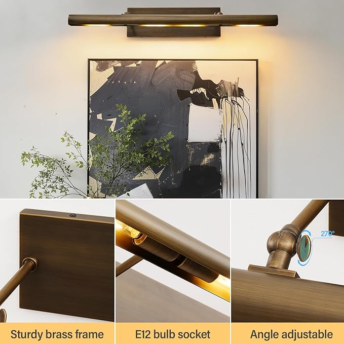 Art Picture Frame Wall Light: 30" Dimmable Antiquing Artwork Copper Painting Spotlight - Hardwired Swing Arm Rotatable 4 Lights over Pictures - Linear Accent Lighting above Photo for Gallery Museum