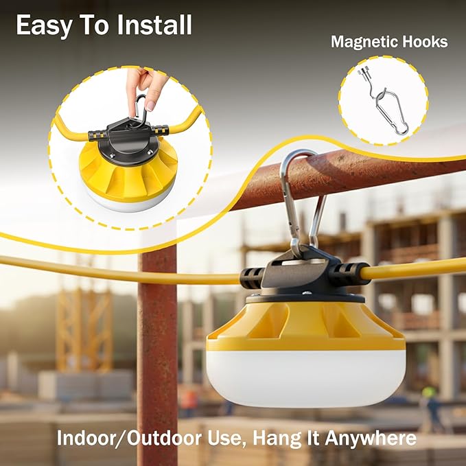 100FT LED Construction String Lights, 10 Bulbs Waterproof Linkable Industrial String Work Lights & Hooks, 5000K Daylight Temporary Lighting for Jobsite Attic Cralspace
