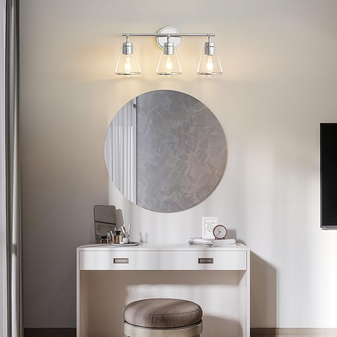 Bathroom Vanity Light - 3 Light Over Mirror Lighting Fixture with Clear Glass Shade, 22 inch Modern Wall Sconce, Polished Nickel