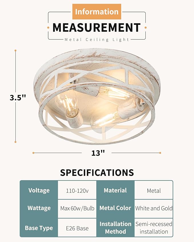 2 Pack Close to Ceiling Light Fixtures, 3-Lights Cage Flush Mount Ceiling Light, 13 Inch White and Gold Semi Flush Mount Ceiling Light for House Bedroom Laundry Hallway Kitchen