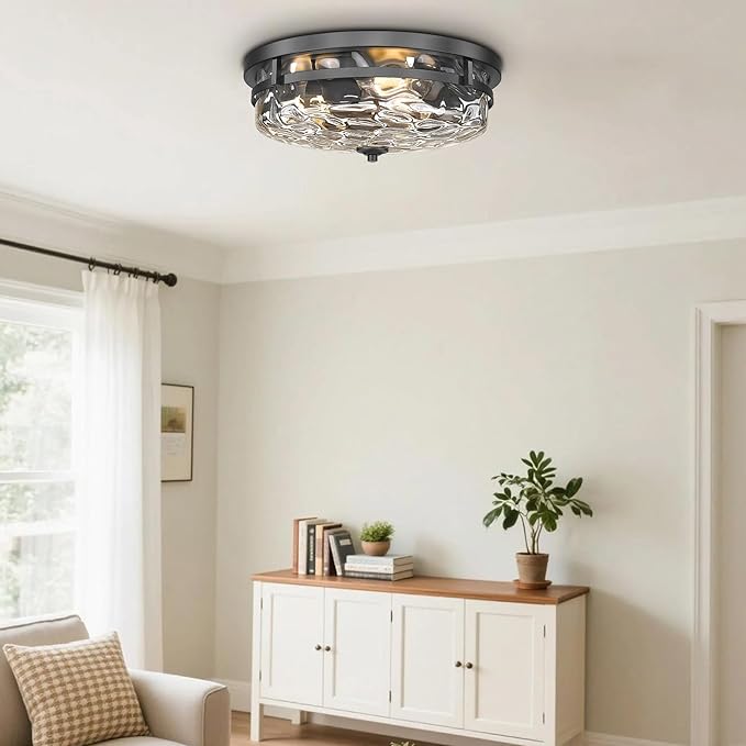 Flush Mount Ceiling Lights, Farmhouse Close to Ceiling Light, Entrance Ceiling Light Industrial Ceiling Lighting Fixture for Kitchen Hallway Living Room Stairwell (Black, 15" W)