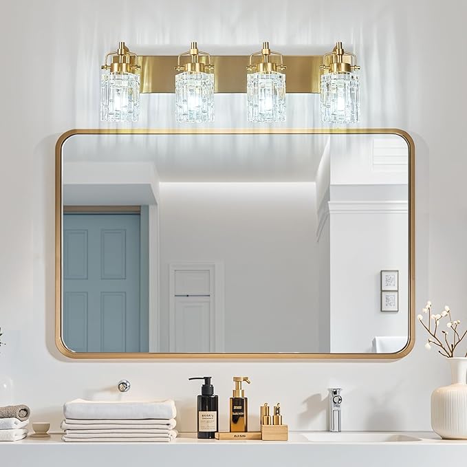 Modern 4-Light Vanity Light with Crystal Glass Shade - Gold Bathroom Light Fixture