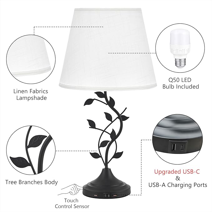 Kakanuo USB Touch Table Lamp Bedside Lamp with USB C Charging Ports for Living Room, White 3 Way Dimmable Traditional Nightstand Lamp Retro Table Lamp for Bedroom and Office (LED Bulb Included)
