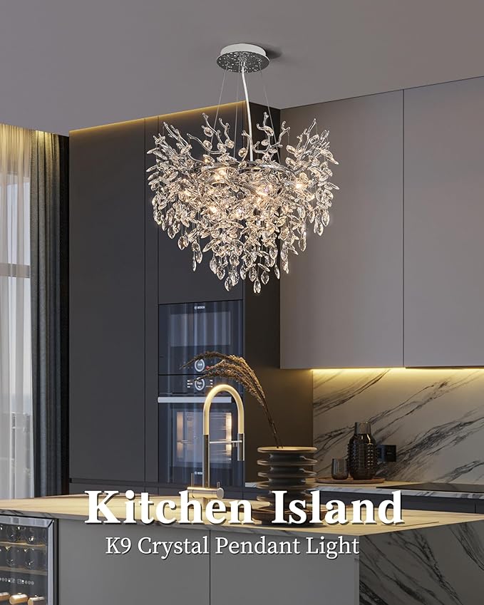 Modern Crystal Chandelier for Dining Room, 23.62" Chrome Tree Branch Chandeliers, 8-Light Luxury K9 Crystal Round Chandeliers for Kitchen Island Living Room