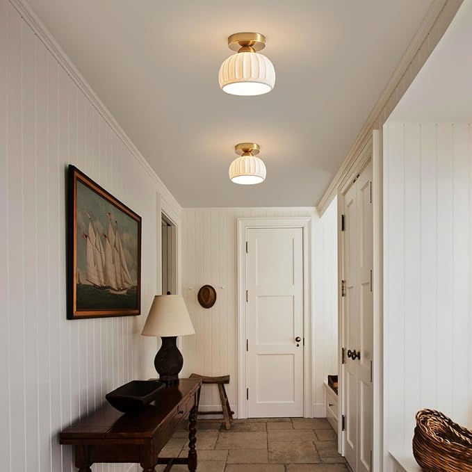 2 Pack White Ceramic Gold Base Semi Flush Mount Ceiling Light Vintage Hallway Light Fixtures, Modern Small Flush Mount Ceiling Light Lamp for Hall Kitchen Entryway Passway Porch Foyer