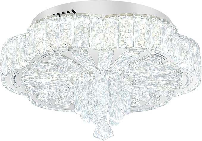 Modern Empire Crystal Chandelier Silver 16inches Crystal Raindrop Ceiling Light for Living Room Bedroom LED Infinity Dimmable 3000-6000K