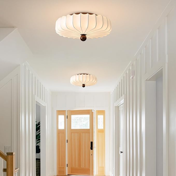 KCO Lighting Boho Large Drum Chandelier White Fabric Flush Mount Ceiling Light Japanese Silk Lantern Ceiling Light Farmhouse Hallway Light Fixtures Ceiling