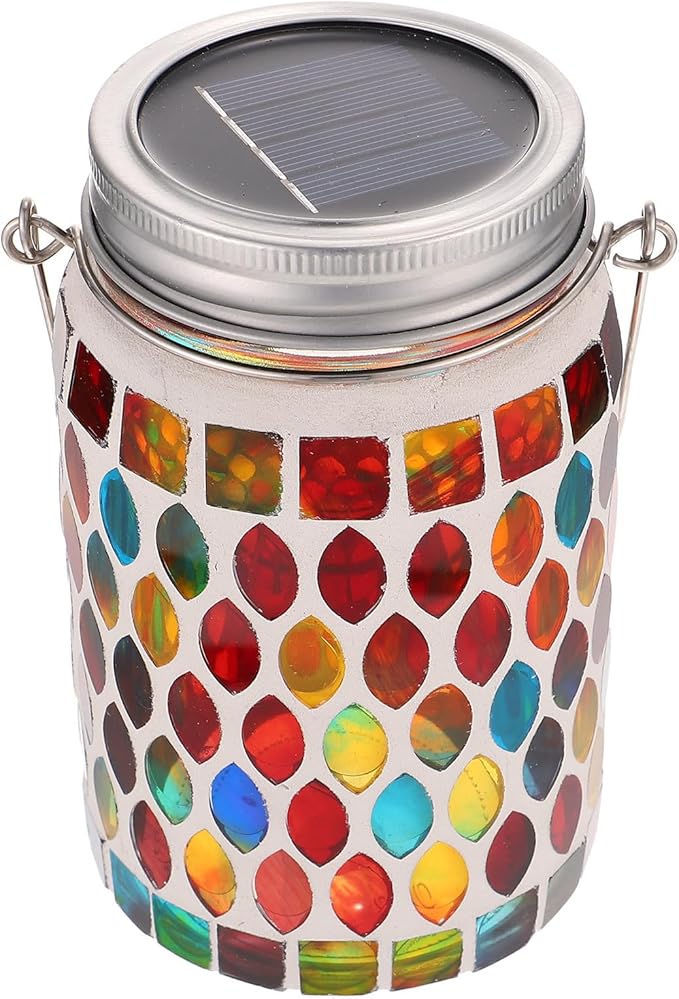 Happyyami Solar Mosaic Garden Lantern Outdoor Solar Table Lamp for Patio Lawn Hanging Decorative Jar