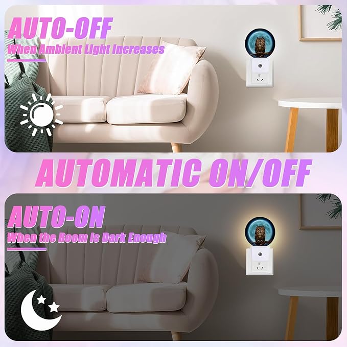 Owl Moon Night Light LED Lamp Round Plug into Wall Nightlight with Dusk to Dawn Sensor Home Hallway Stairway Kitchen Decor