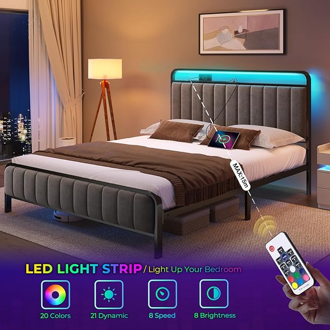 Rolanstar Full Size Bed Frame with LED Light and Charging Station, Upholstered Headboard and Footboard, Metal Slat, Noise Free, Easy Assembly, Dark Gray