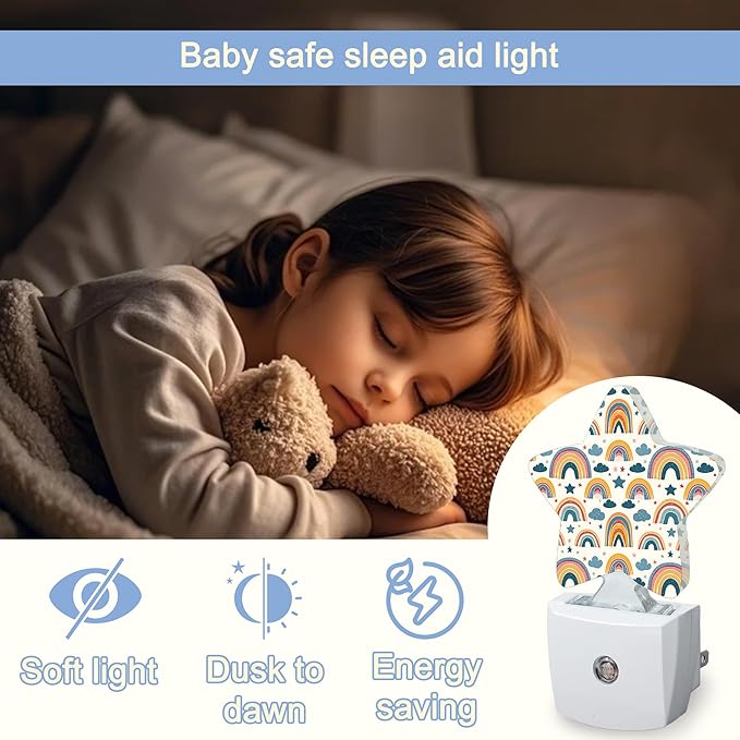 Boho Rainbow Groovy Nightlight,Cute Colorful Star Night Lights Plug into Wall Decorations for Bedroom Bathroom,Dusk to Dawn Sensor Kitchen Hallway Stairs Energy Efficient Desk Lamp