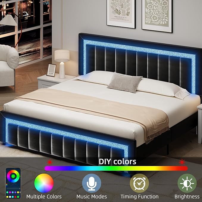 HOMBCK Bed Frame King with LED Lights and Velvet Upholstered Headboard, King Size Bed Frame with Modern Diamond Headboard Adjustable, Wooden Slats Support, Noise Free, No Box Spring Needed, Black