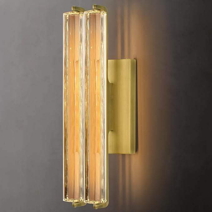 Crystal Wall Sconce, 19'' Brass Bathroom Wall Sconce, Modern Double Sconce Wall Lighting, Upgrated K9 Crystal Gold Wall Light, Bedroom Vanity Sconce, Wall Lamp for Living Room, Stairway, Hallway