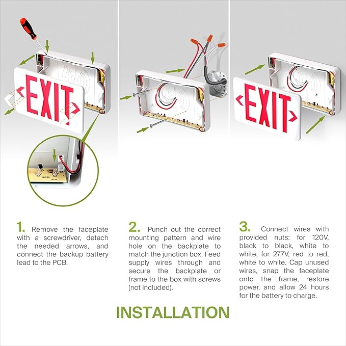 ASD LED Exit Sign with Battery Backup - UL 120/277V Double Face Emergency Exit Light for Business, Office Commercial Hardwired Damp Location Power Outage Lights, Red, 6 Pack