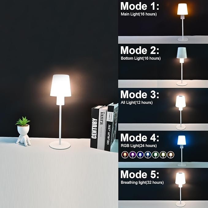5000mAh Rechargeable Cordless Table Lamps, RGB Colors and Warm Light Stepless Dimming, LED Desk Lamp for Bedroom/Couple Dinner/Desk/Cafe/Dining Room/Terrace (1)