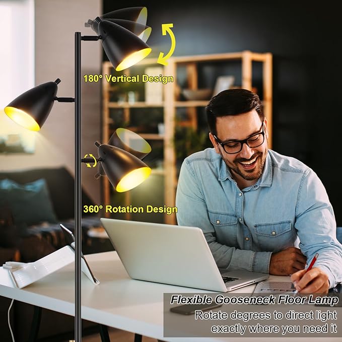 Tree Floor Lamp for Living Room, Industrial 3-Light Standing Lamp with 3 LED Bulbs, Adjustable Rotation Heads, Standing Tall Pole Lamp Farmhouse Rustic Reading Lamps for Bedroom Office (Black)