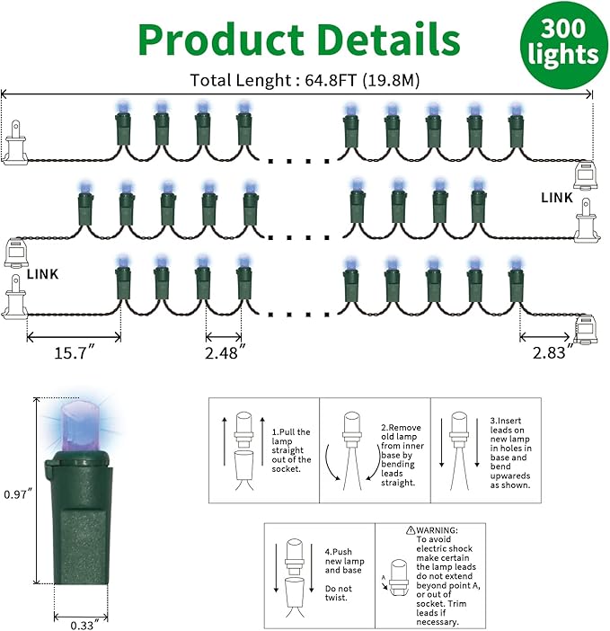 LAMPHOME Blue Wide Angle LED Christmas Lights, 64.8 Ft 300 Count, Pack of 3 Strands 21.9 Ft 100 Lights UL Certified Commercial Grade Green Wire 5mm Holiday String Light