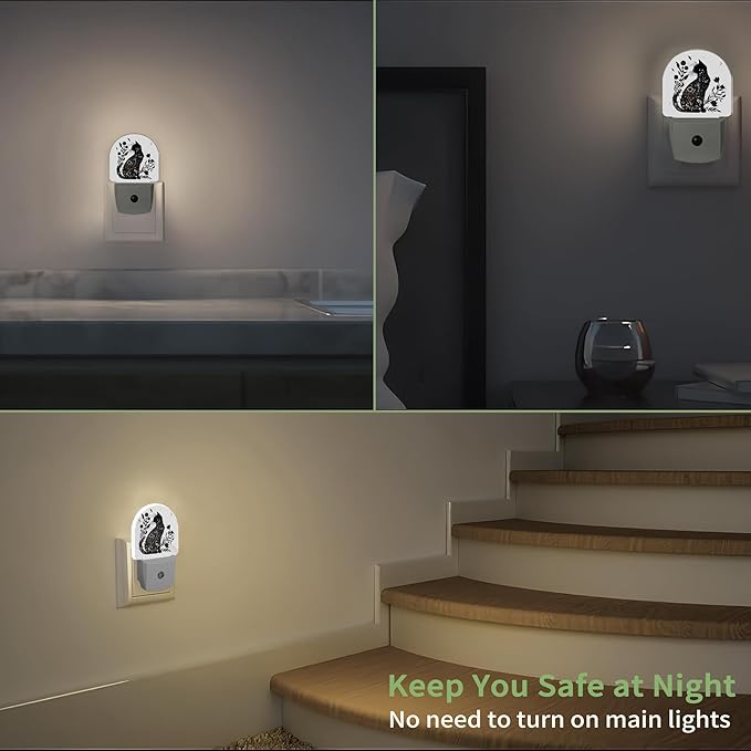 Black Cat Night Light, Cat Flower Night Light Plug into Wall with Dusk to Dawn Sensor, LED Lamp Energy Saving Lights for Men Women Boys Girls,Lamp for Bedroom Bathroom Hallway