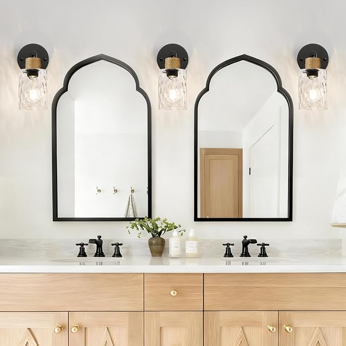 Set of 2 Wall Sconces for Bathroom, Coastal Modern Vanity Lights with Clear Glass Shade, Black Bathroom Wall Lamp for Mirror Kitchen Living Room Hallway Cabinet Porch