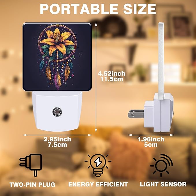 Dream Catcher Flowers Night Light, Colorful Feathers Plug-in Nightlight with Dusk to Dawn Auto Sensor for Home Bedroom Hallway Kitchen 0.5W Sleep Friendly Led Lamp for Women Men