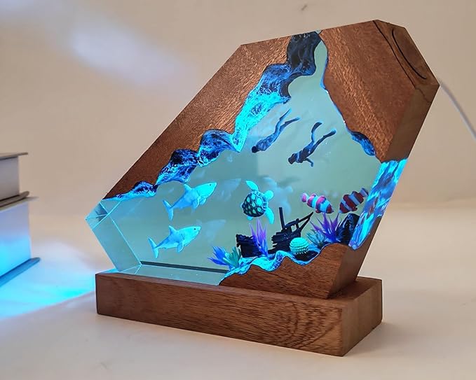 Great White Shark Ocean Resin Lamp, Handmade Resin Night Light for Home Office Decor, Multi-Color LED Light with USB Port, Shark Gifts for Birthday Holiday, Valentine's Day Gifts for Him Kids (8"x5")