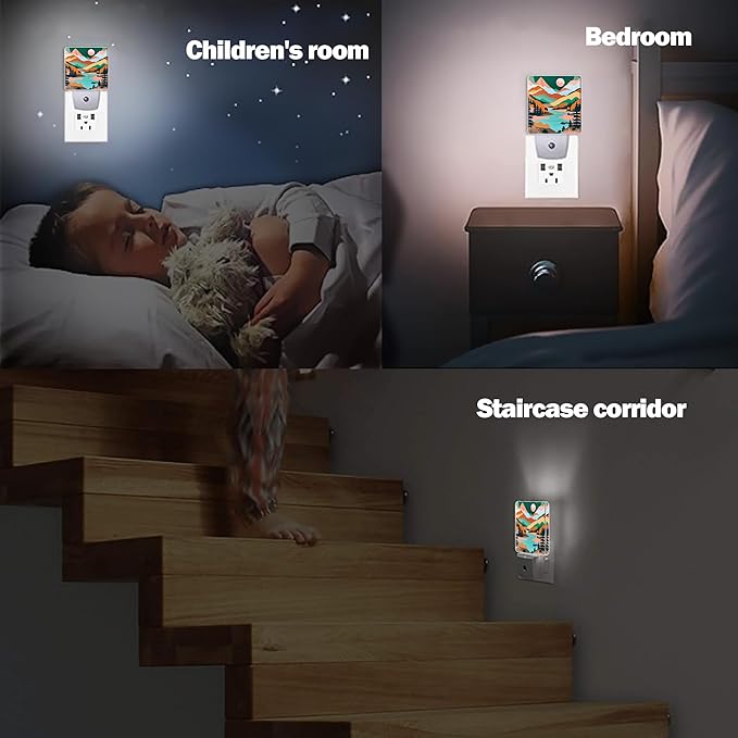 Pink Moon Mountain Night Light, River Plug into Wall with Dusk to Dawn Light Sensors, Warm Nightlights for Bedroom, Bathroom, Hallway, Kitchen, Gifts Ideal for Girls Women