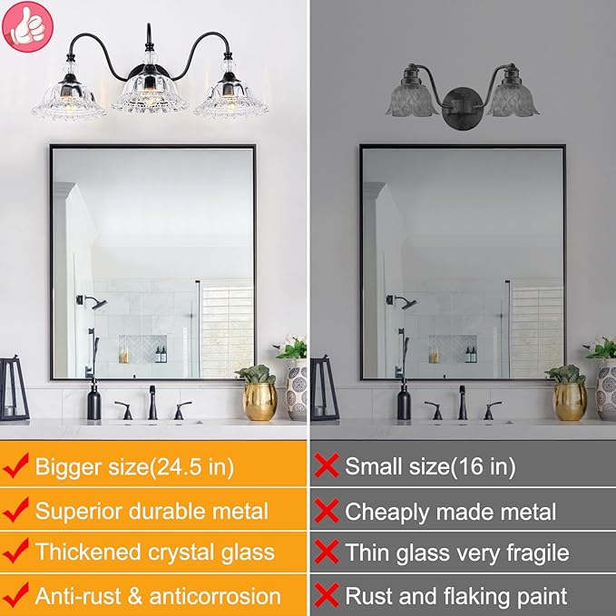 Vintage Bathroom Vanity Light Fixtures 3 Lights Matte Black Vanity Lights for Bathroom with Floral Crystal Glass Shades Wall Lighting Fixtures Over Mirror(Exclude E26 Bulb)