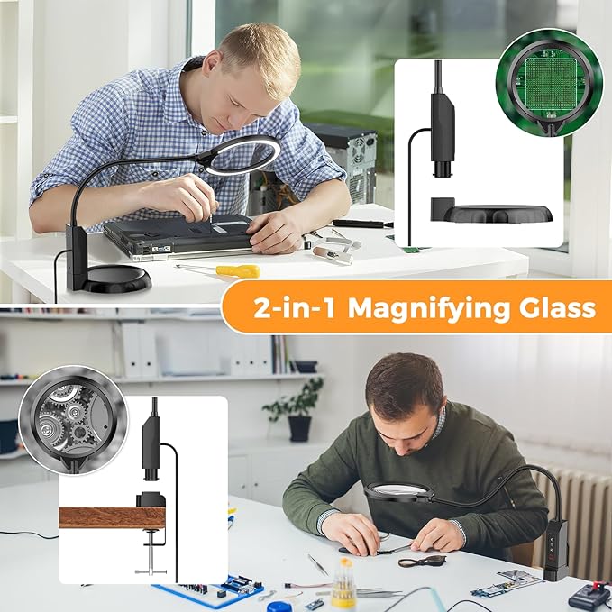 Magnifying Glass with Light and Stand, 15X & 8X Magnifying Lamp with Clamp, 5 Color Lighting Modes Stepless Dimmable LED Desk Lamp Hands Free for Crafts Hobby Reading Painting Sewing Close Work