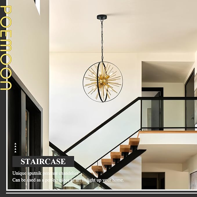 Modern 18" Globe Sputnik Chandelier 8-Light Black Gold Mid Century Ceiling Firework Pendant Light Fixture for Hallway Entryway Bedroom Kitchen Dining Living Room