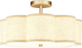 Gold Semi Flush Mount Ceiling Lights, 4-Light 18" Brass Light Fixtures Ceiling Mount with Linen Fabric Drum Shade in Flower Shape for Nursery Bedroom Kitchen Hallway, AD-22009-4SF-GD-B