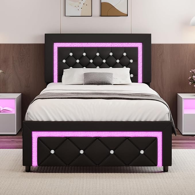 BarnFurin Twin Bed Frame with LED Lights, Upholstered Platform Bed with Diamond Tufted Headboard, No Box Spring Needed, Noise Free, Easy Assembly, Black