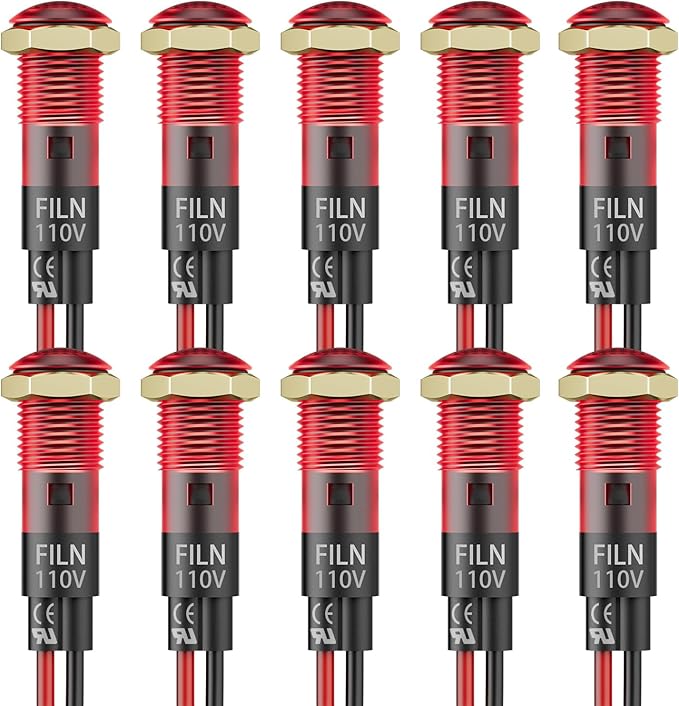 10PCS Small 110V LED Indicator Light, 8mm (5/16") IP67 Waterproof Low Power Pilot Lights Panel Mount for Car, Truck, Boat, Dash(10PCS Red)