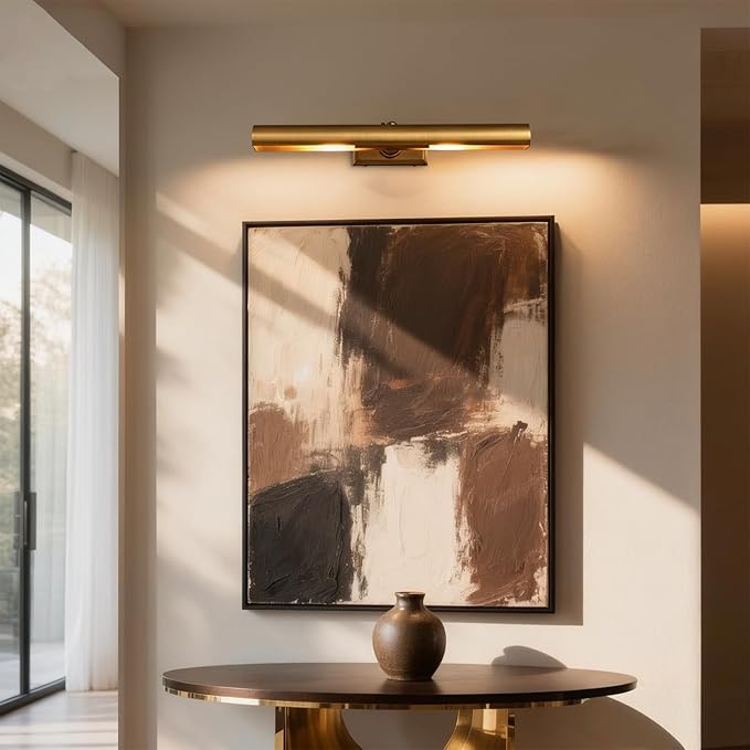18" Picture Lights for Wall Brass Picture Lights Hardwired Gold Dimmable Gallery Art Light, Rotatable 270° Wall Light for Pictures Art Deco Linear Lights for Library, Museum, 2 Bulbs Included
