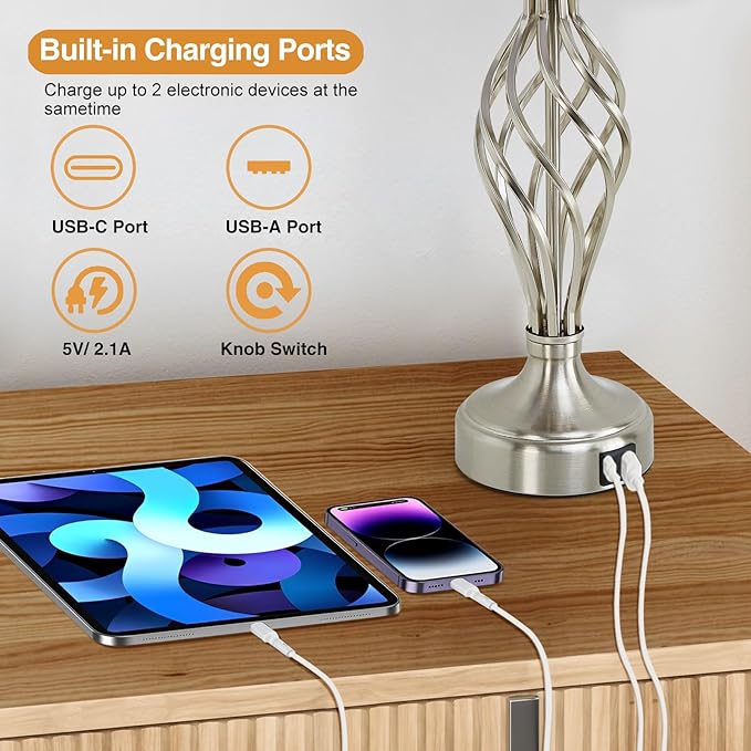 Nightstand Table Lamps for Bedrooms Set of 2 with USB C+A, Bedside Lamps with Spiral Cage Base, Tall Living Room Lamps for End Tables, Modern Night Stand Lamps for Bed Side Guest Room Bulbs Included