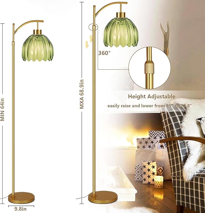 Green Floor Lamp for Living Room,Bedroom,Gold Dimmable Standing Lamp with Remote,Mid Century Modern Brass Tall Lamp Boho Floor Lamps Arc Stained Glass Flower Light Bohemian