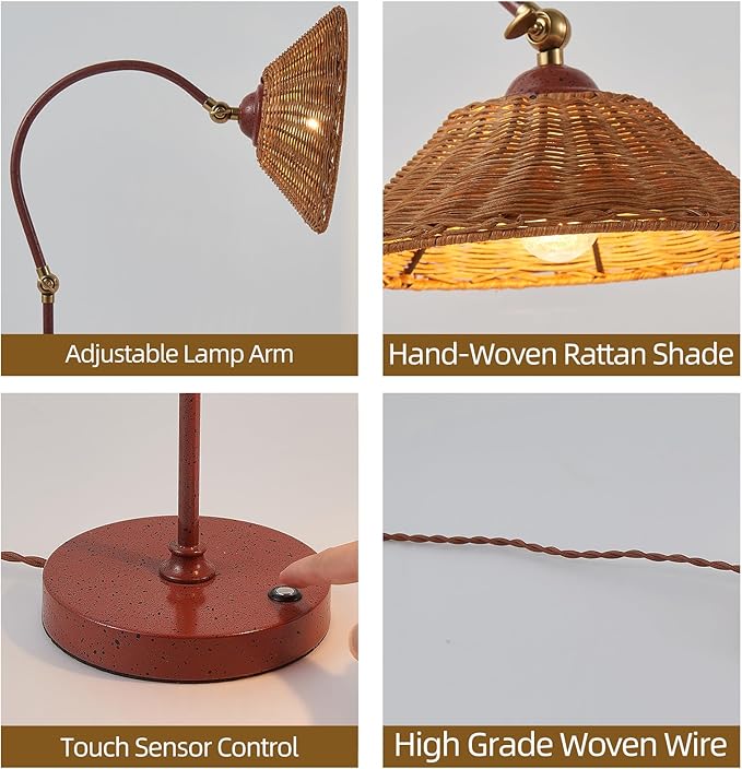 Woven Rattan Bedside Table Lamp for Bedroom, Boho Plug in Handmade Rattan Shade & Anti-Rust Iron Base Desk Lamp, Plug & Play Vintage Red Brown Nightstand Lamp for Living Room,Office【Bulb Included】