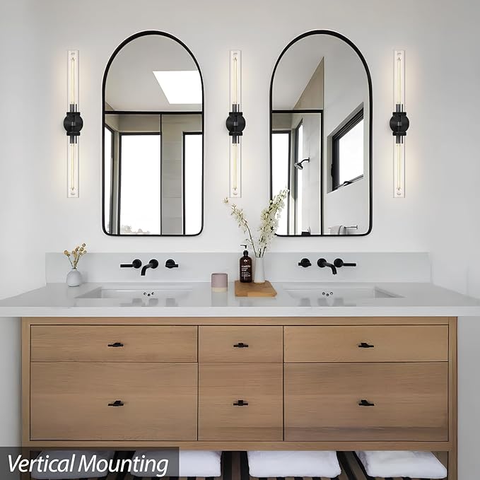 Modern 2-Light Black 30in Knurled Wall Sconces, Double Glass Sconces Wall Lighting, Bathroom Vanity Light Sconces, Wall Lights for Living Room Bedroom Hallway Kitchen Bathroom Mirror Includes bulbs