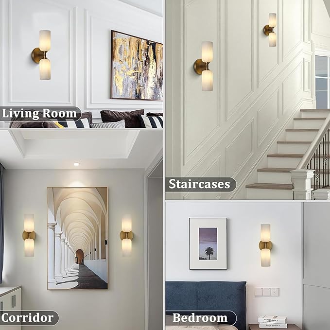 Alabaster Wall Sconce, 14in Modern Spanish Natural Marble Bathroom Vanity Sconces, Unique Indoor Brass Wall Lighting,Gold Fixtures Decor for Bedroom Living Room Staircases