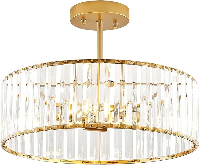 Modern Gold Semi Flush Mount Ceiling Light Crystal 3-Light Light Fixture 15.75 Inch Kitchen Ceiling Lighting for Living Room Bedroom Dining Room Bathroom Entryway (Bulb Not Included)