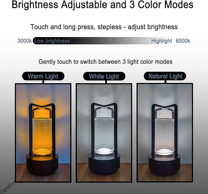 Cordless Bedside Table lamp Rechargeable Portable Touch,2000MA Battery Operated Lamps LED Night Light,3Color Stepless Dimming Crystal Lantern Suitable bedrooms,Bars,cafes,Camping,Black