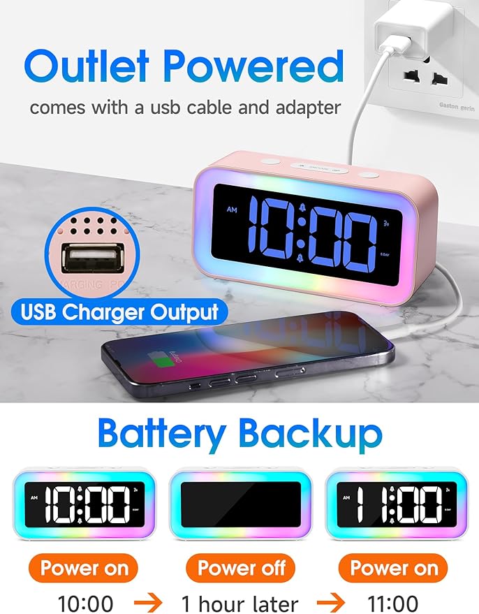 Cadmos Cute Pink Loud Alarm Clock with RGB Night Light - Perfect for Girls Room Decor and Kawaii Gifts, Small Size for Bedside or Desk Lamp in Bedrooms, Ideal for Kids, Teens (Light Pink)