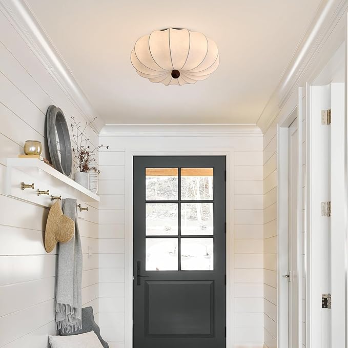 KCO Lighting Japanese Silk Ceiling Light Fixture White Fabric Flush Mount Ceiling Light Large Drum Light Fixtures Boho Chandelier for Bedroom Entryway