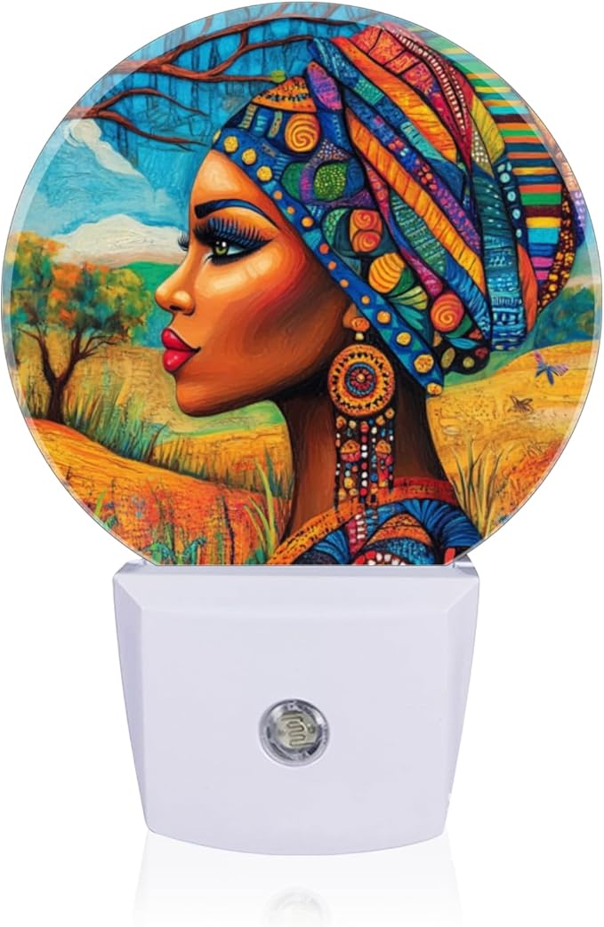 LED Night Lights Lamp with Dusk to Dawn Sensor, African Woman with Strong Ethnic Style Night Light Plug Into Wall for Kids Room, Bedroom, Bathroom, Kitchen, Hallway