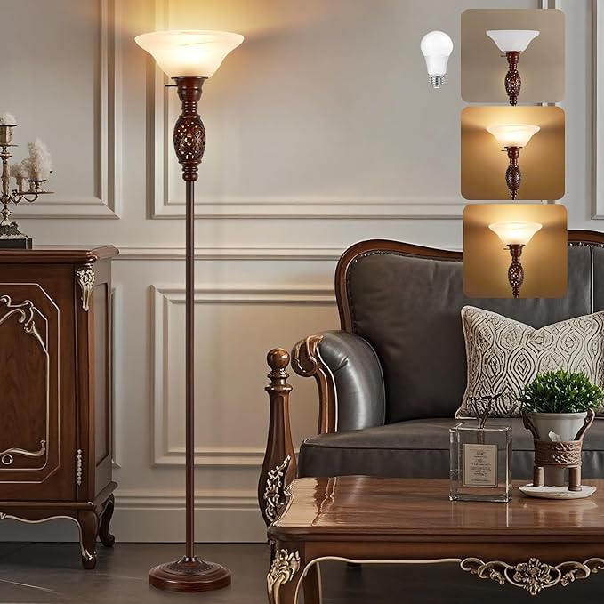 70" Torchiere Floor Lamp with NightLight - Victorian Style Standing Lamp for Living Room, Bedroom, Office - Retro Floor Lamps with Rotary Switch & Etched Glass Shade, Home Decor, Bulb Included