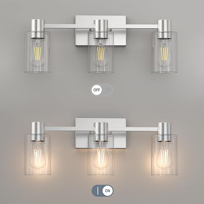 3-Light Brushed Nickel Wall Sconces for Bathroom, Modern Vanity Light Fixtures Over Mirror, Wall Lamp with Clear Glass Shade, E26 Wall Sconces Over Mirror for Bathroom, Living Room, Hallway