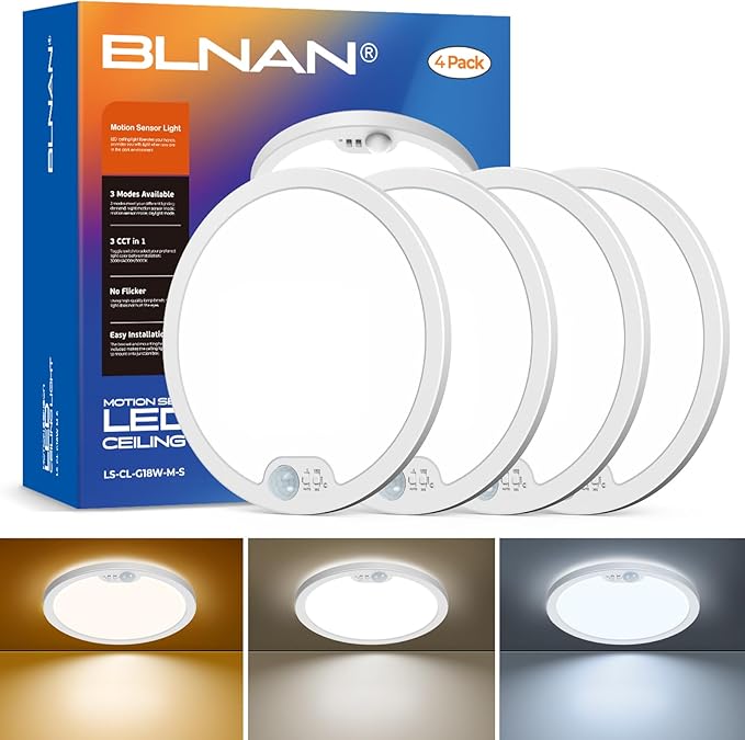 BLNAN Motion Sensor Ceiling Light Wired, 8.7 Inch 3000K 4000K 5000K Selectable LED Flush Mount Light Fixture, Motion Activated Light with Timer for Hallway Stair Walk-in Closet, Non-Dimmable 4 Pack