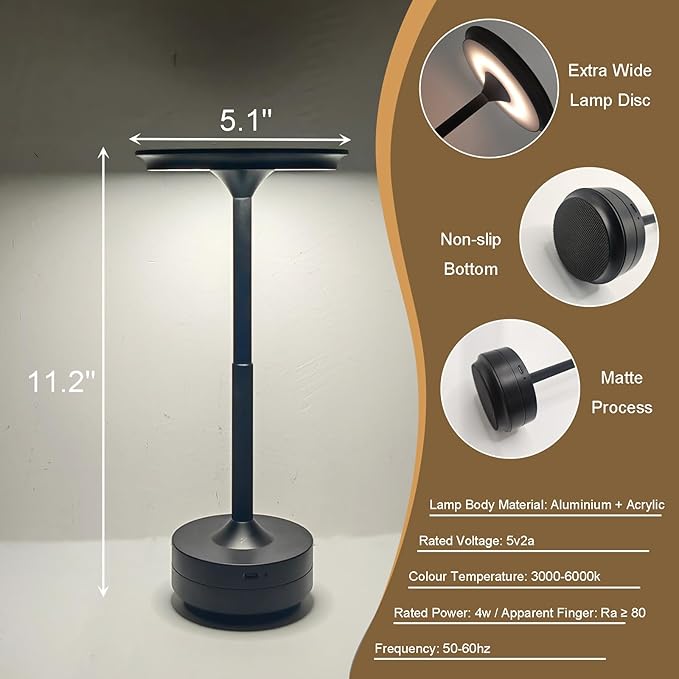 Cordless Rechargeable LED Table Lamp, 11.5 inches Modern Portable Desk Lamps 3 Colors Adjustable Brightness, 2600 mAh Battery Powered Table Light for Bar Restaurant Dining Golden 1Pcs
